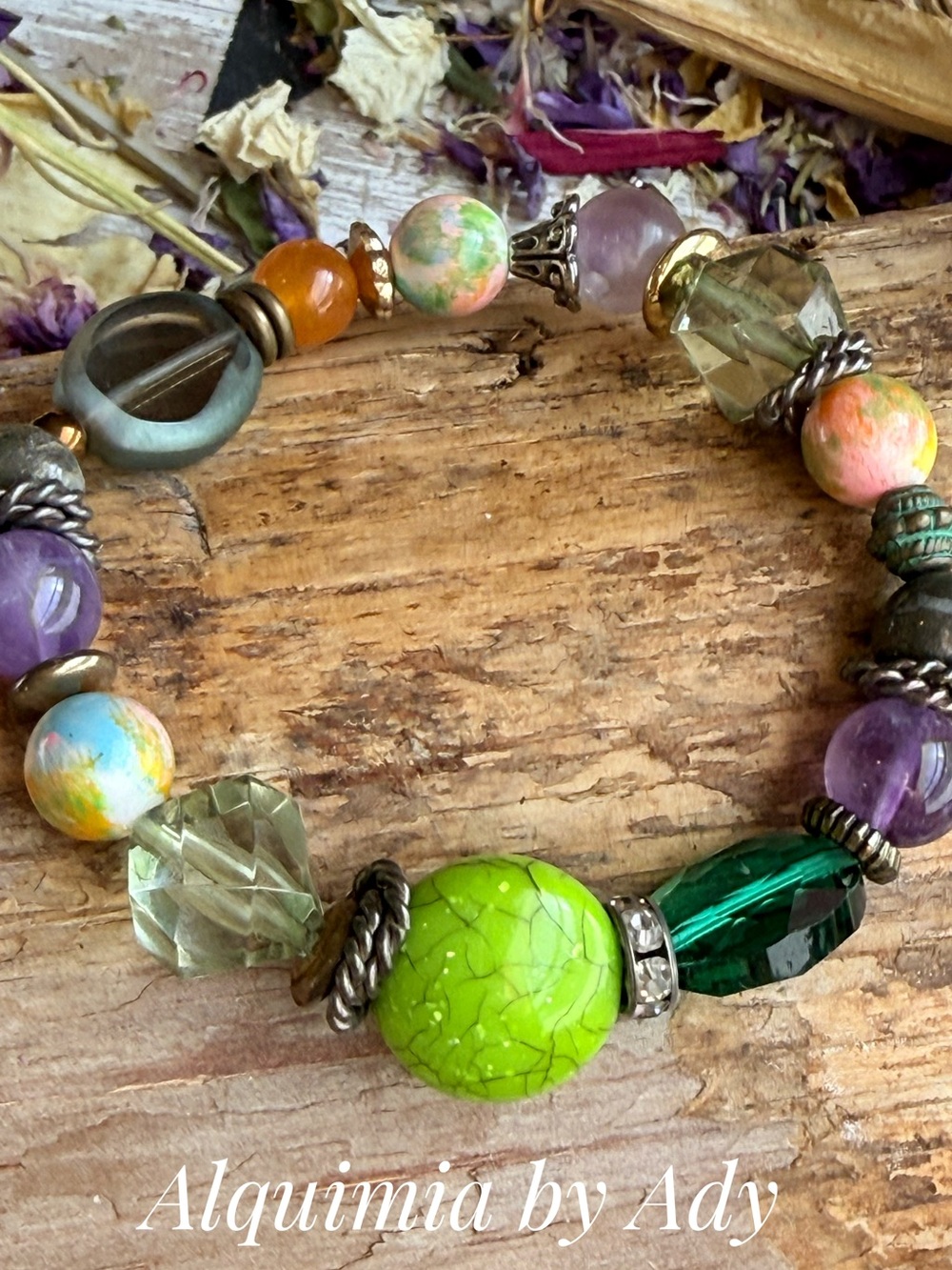 Big amethyst Green Multicolor Beaded Bracelet